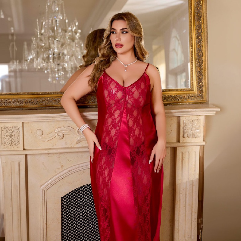 Curve-Hugging Red Satin Nightgown with Lace Accents (Plus Size)