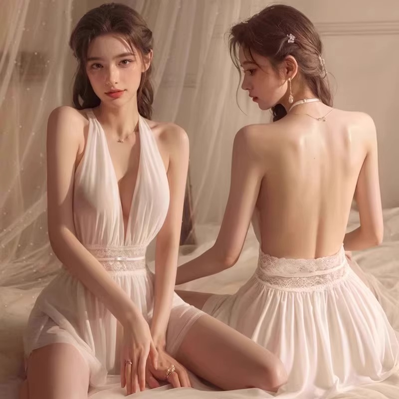 French Lace Halter Neck Backless Nightdress