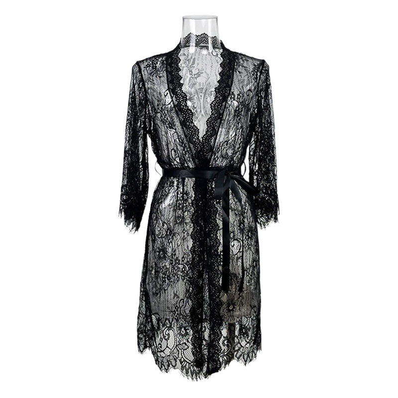 Elegant Black Lace Open-Front Robe & Bra Panty Set